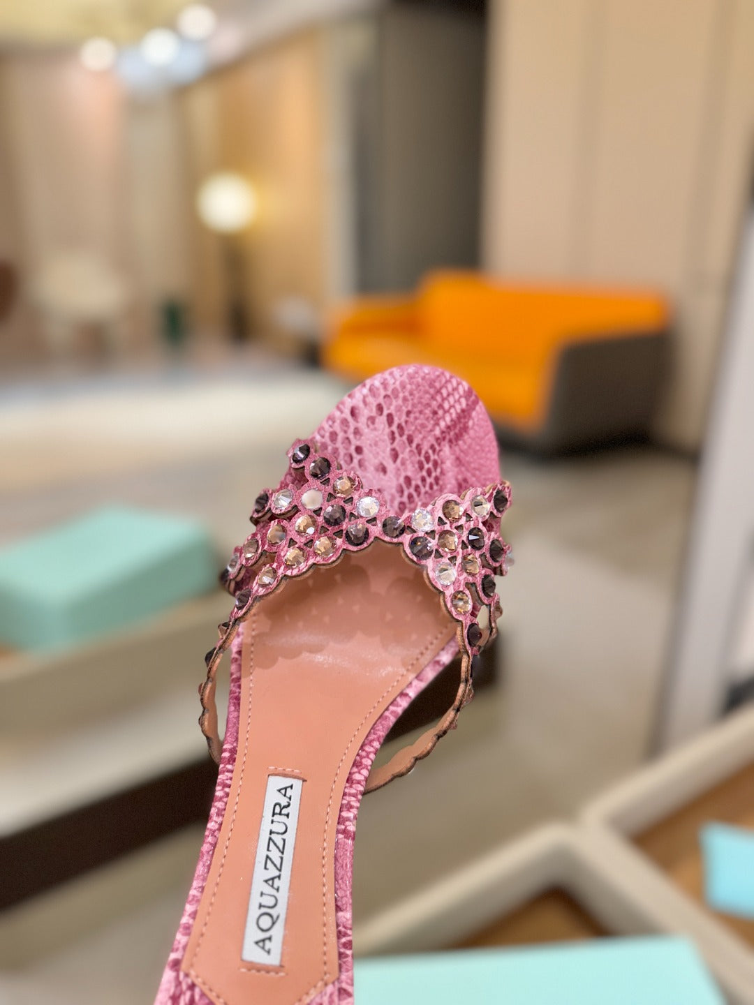 AQUAZZURA 26S TEQUILA HEELED SANDALS 85 MM IN PINK SNAKESKIN WITH MULTICOLOR CRYSTAL