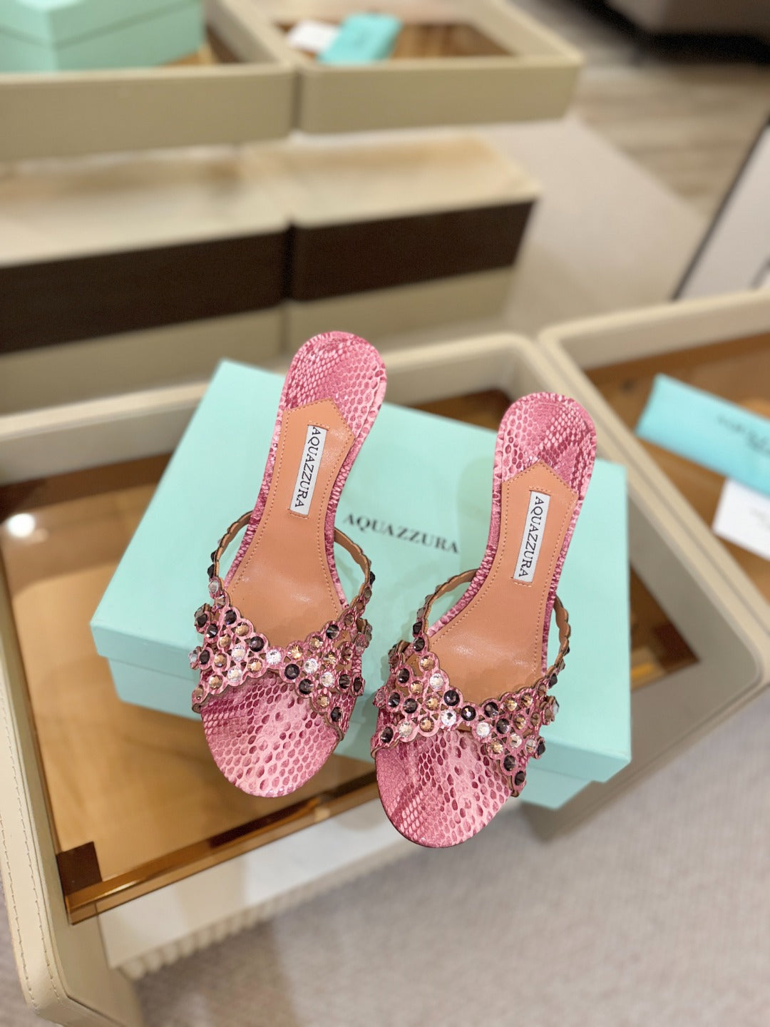 AQUAZZURA 26S TEQUILA HEELED SANDALS 85 MM IN PINK SNAKESKIN WITH MULTICOLOR CRYSTAL