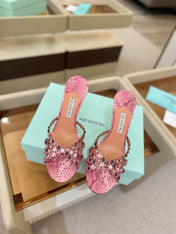 AQUAZZURA 26S TEQUILA HEELED SANDALS 85 MM IN PINK SNAKESKIN WITH MULTICOLOR CRYSTAL
