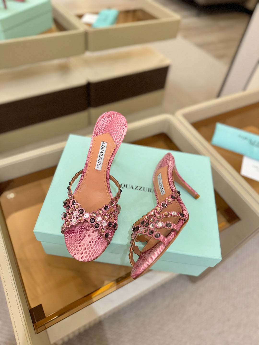 AQUAZZURA 26S TEQUILA HEELED SANDALS 85 MM IN PINK SNAKESKIN WITH MULTICOLOR CRYSTAL