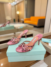 AQUAZZURA 26S TEQUILA HEELED SANDALS 85 MM IN PINK SNAKESKIN WITH MULTICOLOR CRYSTAL
