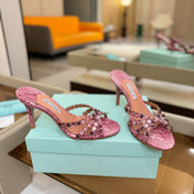 AQUAZZURA 26S TEQUILA HEELED SANDALS 85 MM IN PINK SNAKESKIN WITH MULTICOLOR CRYSTAL