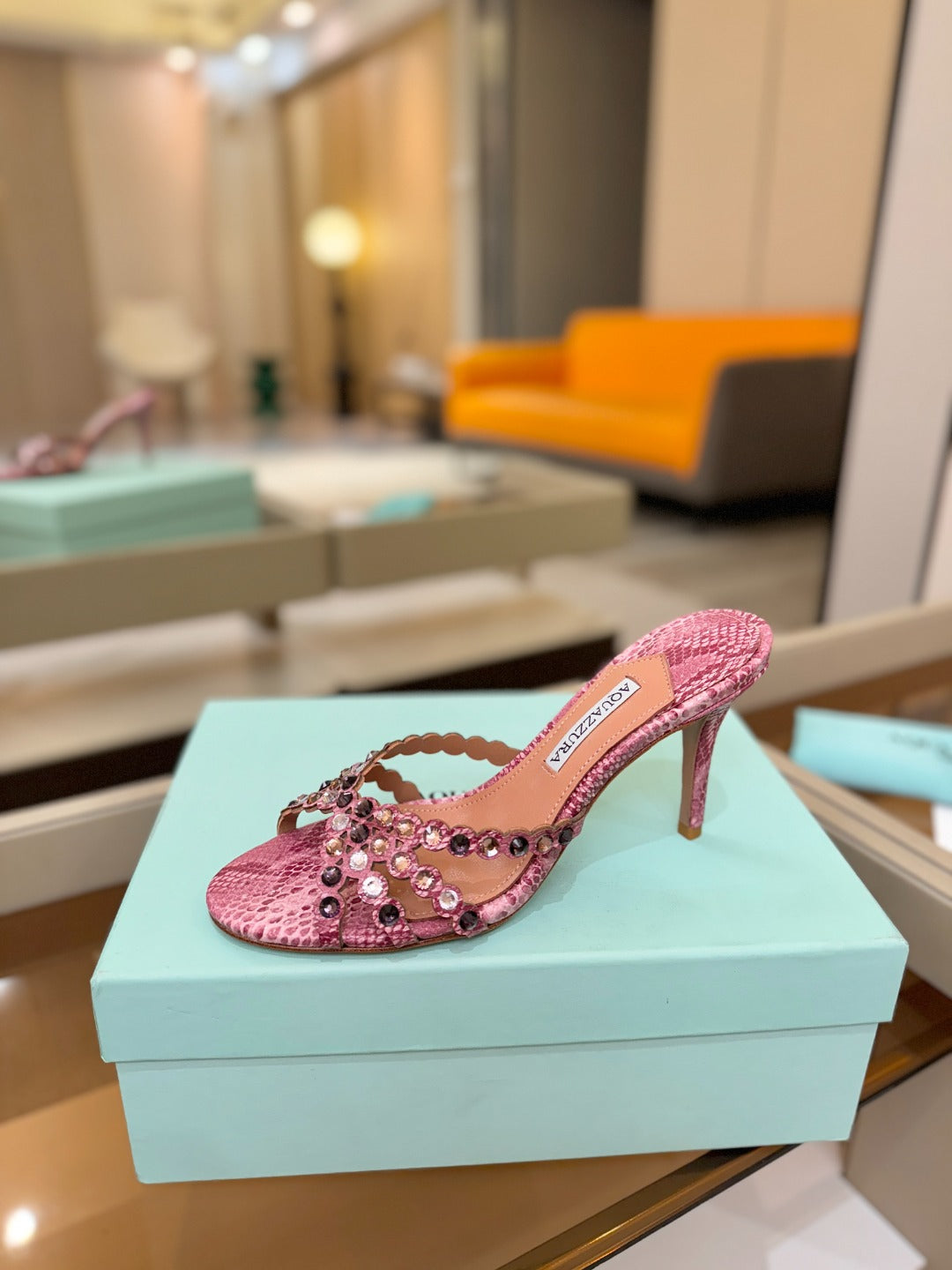AQUAZZURA 26S TEQUILA HEELED SANDALS 85 MM IN PINK SNAKESKIN WITH MULTICOLOR CRYSTAL
