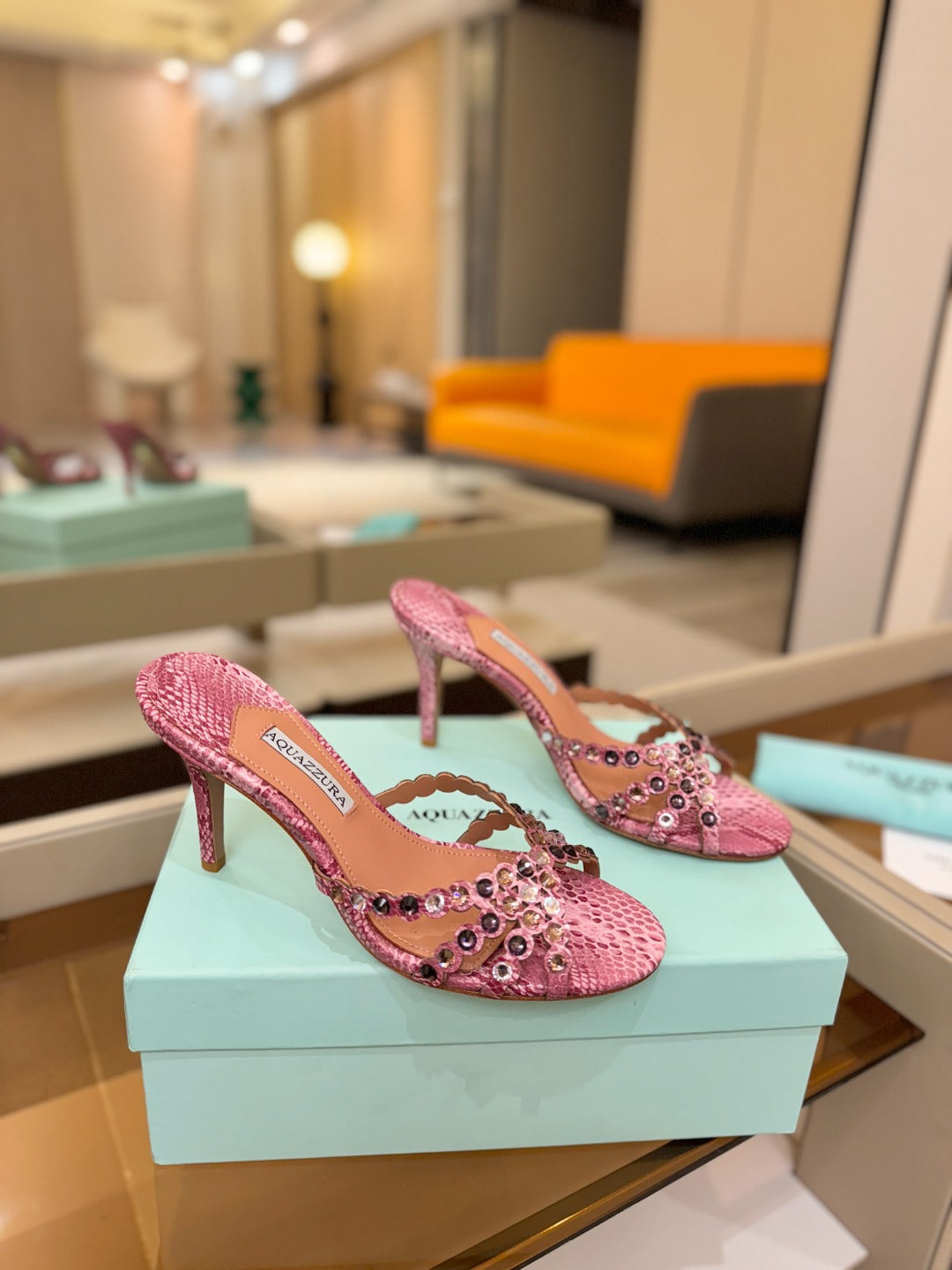 AQUAZZURA 26S TEQUILA HEELED SANDALS 85 MM IN PINK SNAKESKIN WITH MULTICOLOR CRYSTAL