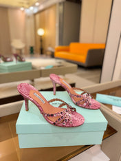 AQUAZZURA 26S TEQUILA HEELED SANDALS 85 MM IN PINK SNAKESKIN WITH MULTICOLOR CRYSTAL