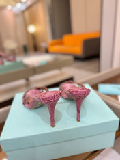 AQUAZZURA 26S TEQUILA HEELED SANDALS 85 MM IN PINK SNAKESKIN WITH MULTICOLOR CRYSTAL