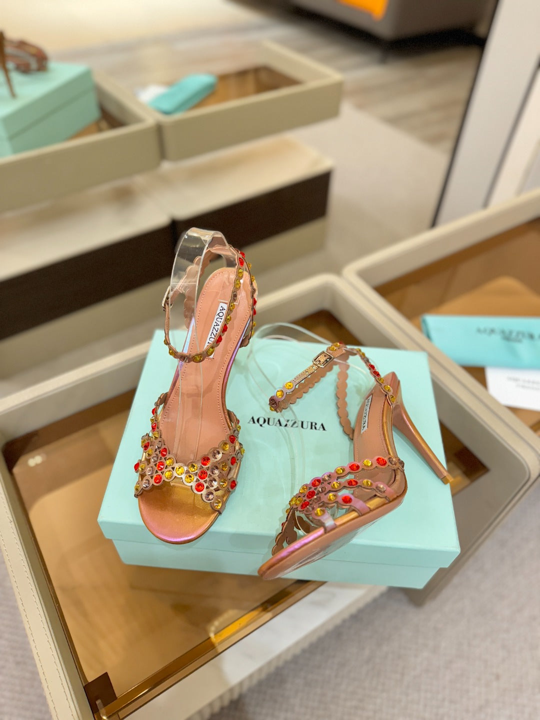 AQUAZZURA 26S STRAPPY HIGH HEELS 105 MM IN ROSE GOLD HOLOGRAM LAMBSKIN