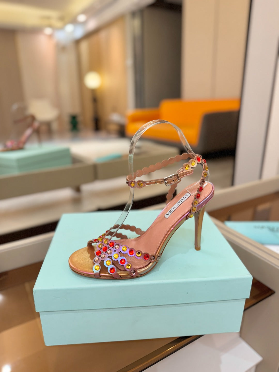 AQUAZZURA 26S STRAPPY HIGH HEELS 105 MM IN ROSE GOLD HOLOGRAM LAMBSKIN