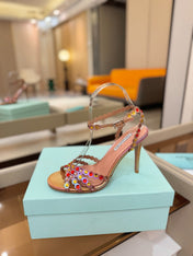 AQUAZZURA 26S STRAPPY HIGH HEELS 105 MM IN ROSE GOLD HOLOGRAM LAMBSKIN