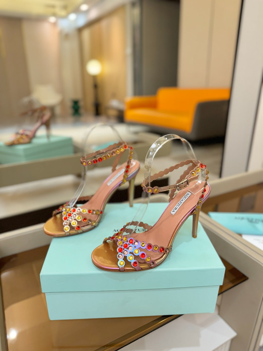 AQUAZZURA 26S STRAPPY HIGH HEELS 105 MM IN ROSE GOLD HOLOGRAM LAMBSKIN