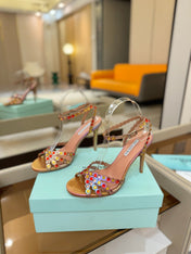 AQUAZZURA 26S STRAPPY HIGH HEELS 105 MM IN ROSE GOLD HOLOGRAM LAMBSKIN