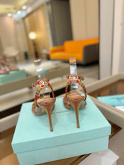 AQUAZZURA 26S STRAPPY HIGH HEELS 105 MM IN ROSE GOLD HOLOGRAM LAMBSKIN