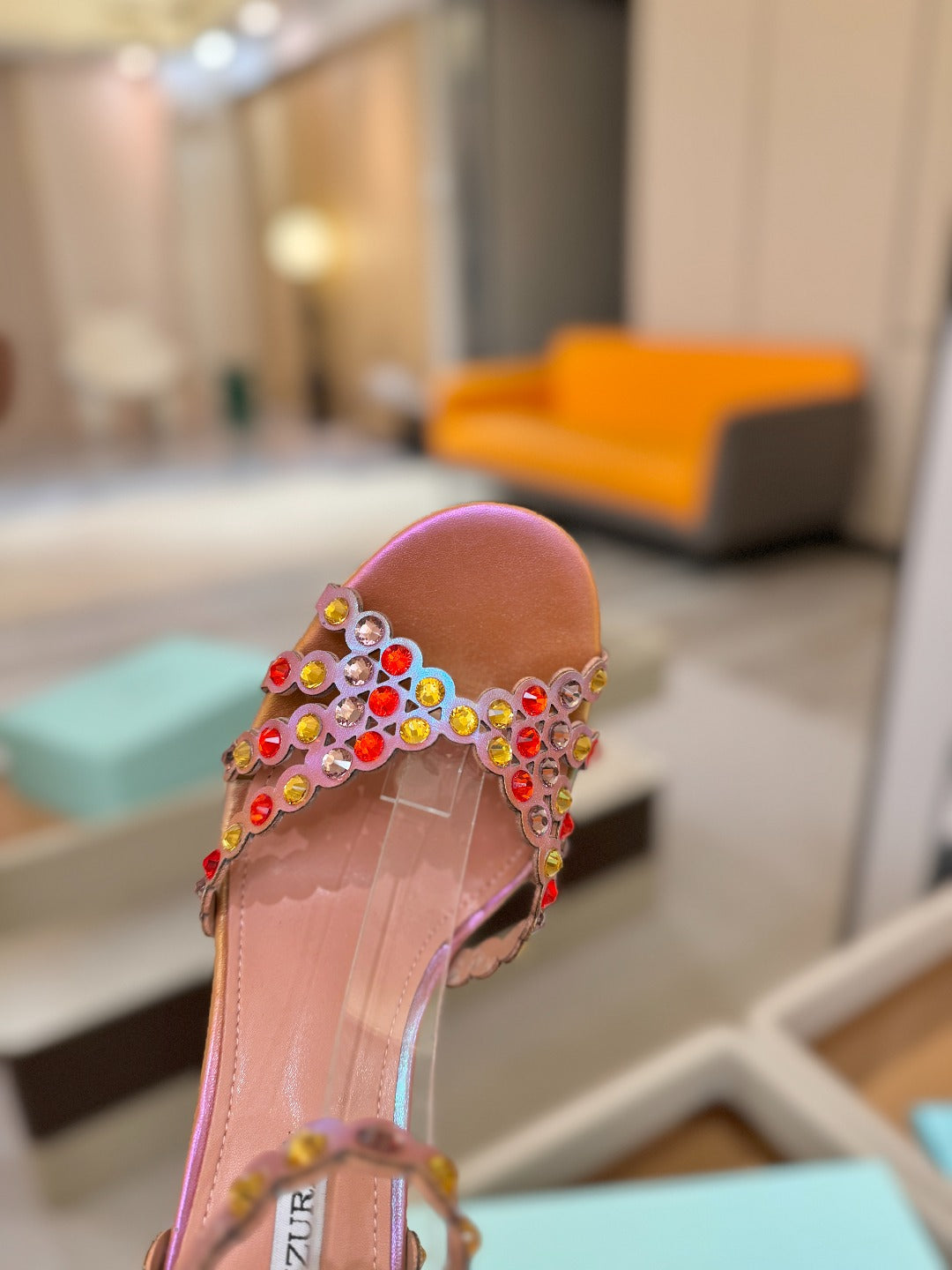 AQUAZZURA 26S STRAPPY HIGH HEELS 105 MM IN ROSE GOLD HOLOGRAM LAMBSKIN