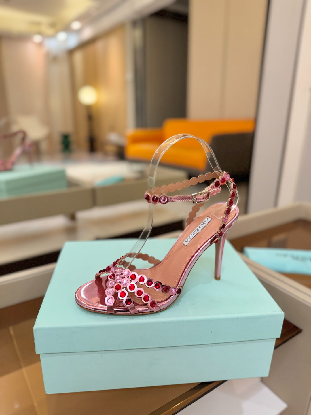 AQUAZZURA 26S STRAPPY HIGH HEELS 105 MM IN PINK PATENT LAMBSKIN