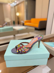 AQUAZZURA 26S TEQUILA HEELED SANDALS 85 MM IN METALLIC LAMBSKIN