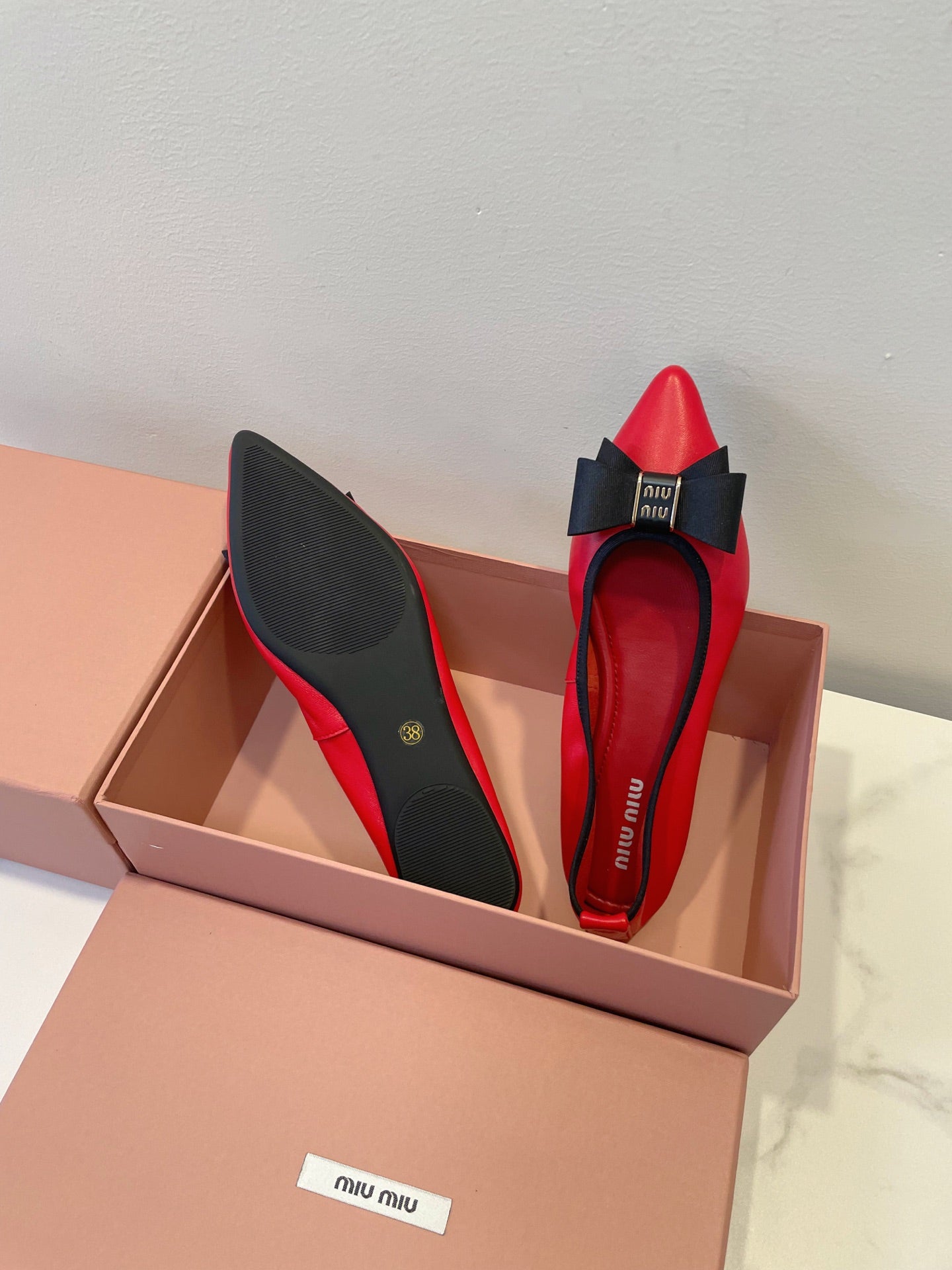 MIUMIU 26S BALLET FLATS IN RED CALFSKIN WITH BOW
