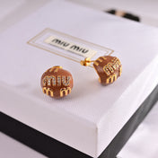 MIUMIU 26S MIU CRYSTAL LOGO STUD EARRINGS IN BROWN ENAMEL AND GOLD TONE METAL 633129