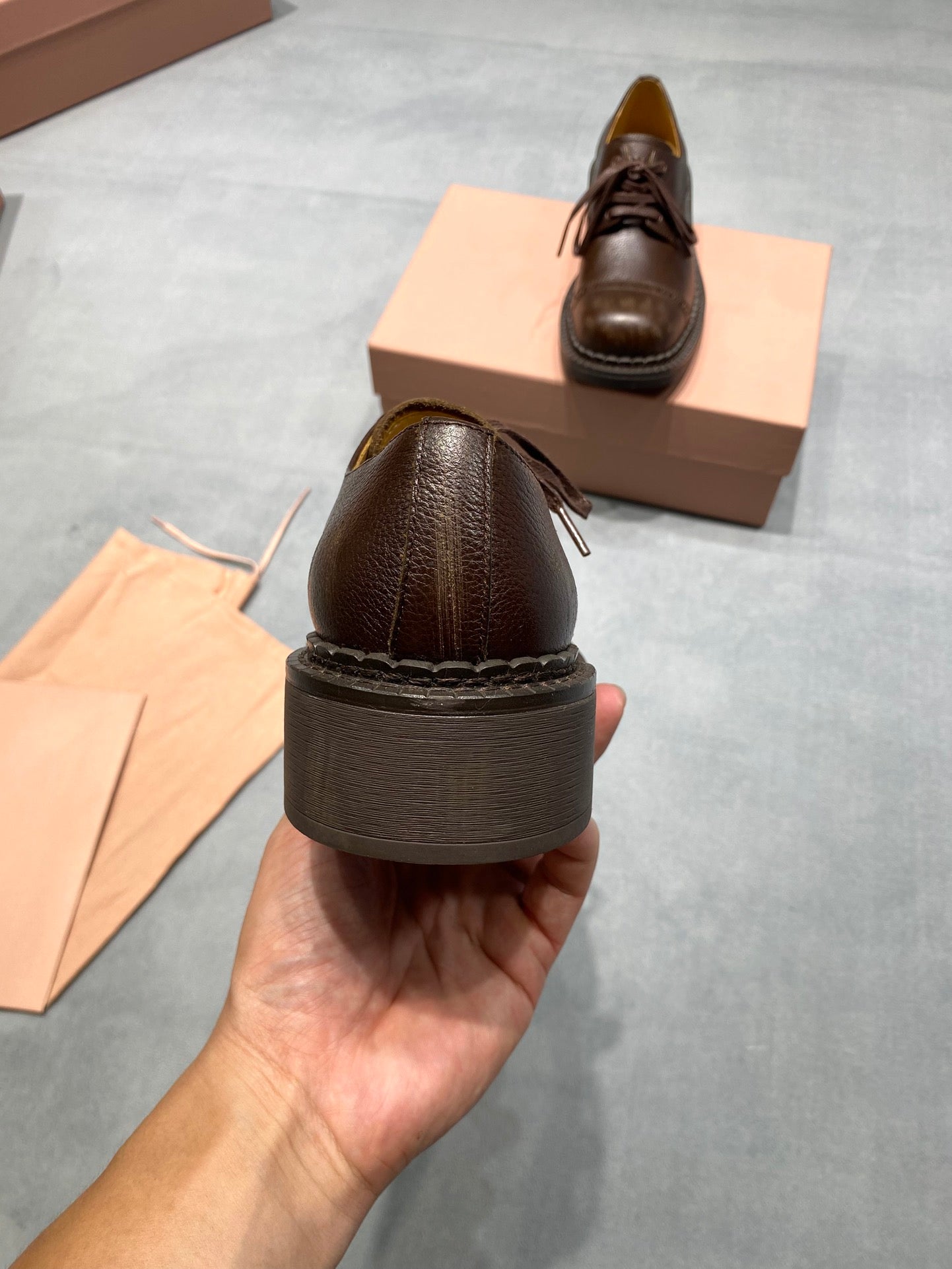 MIUMIU 26S LACE-UP LOAFERS IN CHOCOLATE BROWN GRAINED CALFSKIN