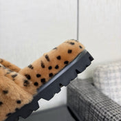 CHANEL 26S PLATFORM SLIDE SANDALS IN CAMEL AND BLACK SHEARLING DALMATIAN PRINT