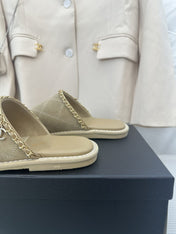 CC Khaki Green Suede Gold Chain Mules