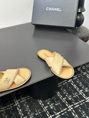 CHANEL 26S CROSS-STRAP SANDALS IN BEIGE LEATHER
