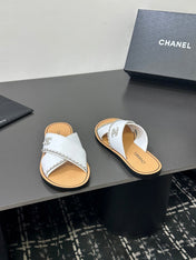 CHANEL 26S CROSS-STRAP SANDALS IN WHITE LEATHER