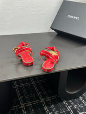 CHANEL 26S BOW SANDALS IN RED AND GOLD SUEDE