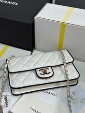 QUILTED FLAP BAG WITH BLACK TRIM 19 IN WHITE LAMBSKIN