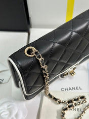 QUILTED FLAP BAG WITH WHITE TRIM 19 IN BLACK LAMBSKIN