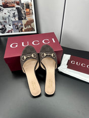 GUCCI 26S HIGH-HEELED SANDALS 50 MM IN DARK BROWN CANVAS