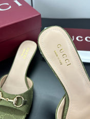 GUCCI 26S HIGH-HEELED SANDALS 50 MM IN MOSS GREEN CANVAS