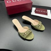 GUCCI 26S HIGH-HEELED SANDALS 50 MM IN MOSS GREEN CANVAS
