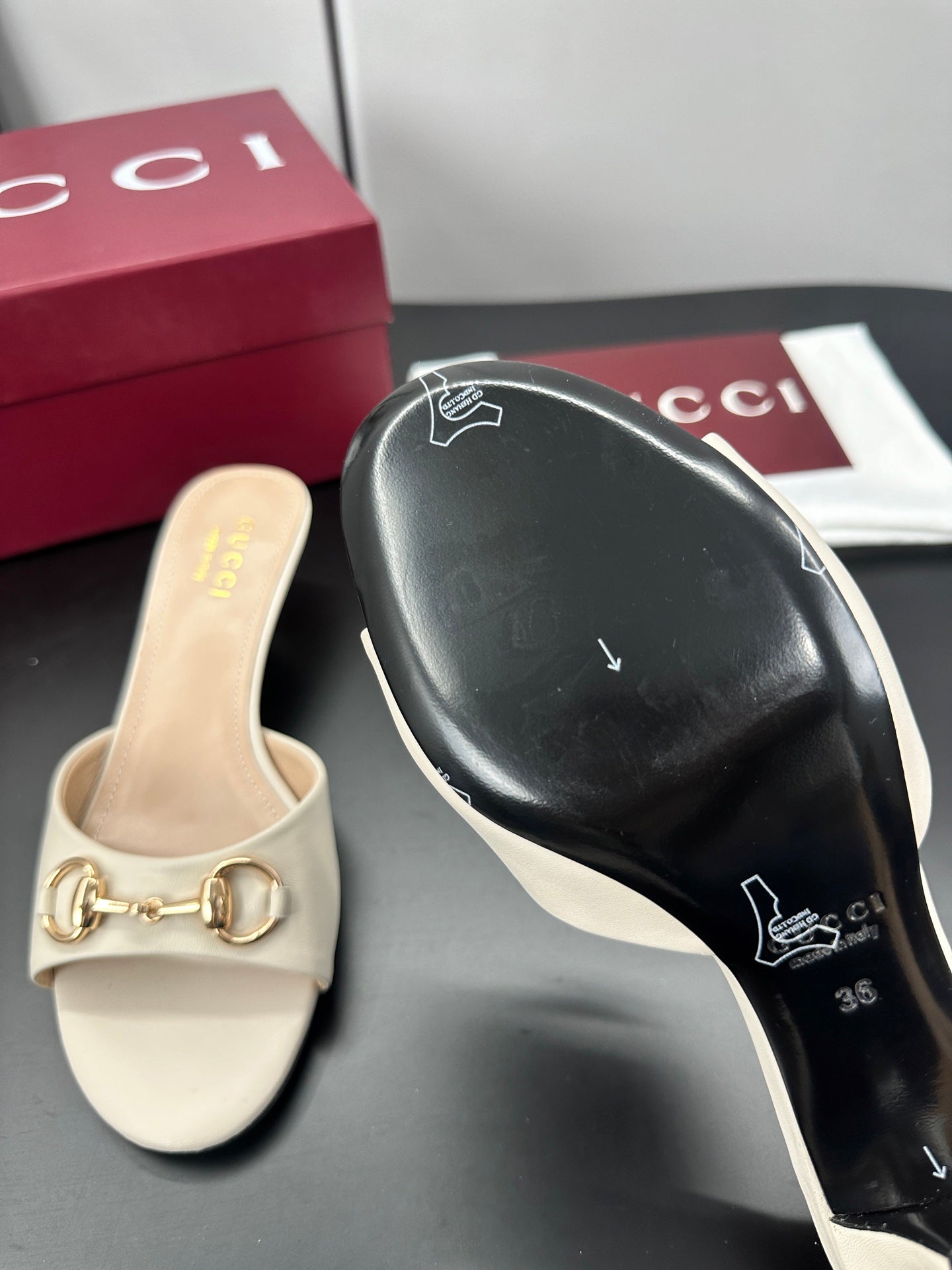 GUCCI 26S HIGH-HEELED SANDALS 50 MM IN CREAM WHITE CALFSKIN