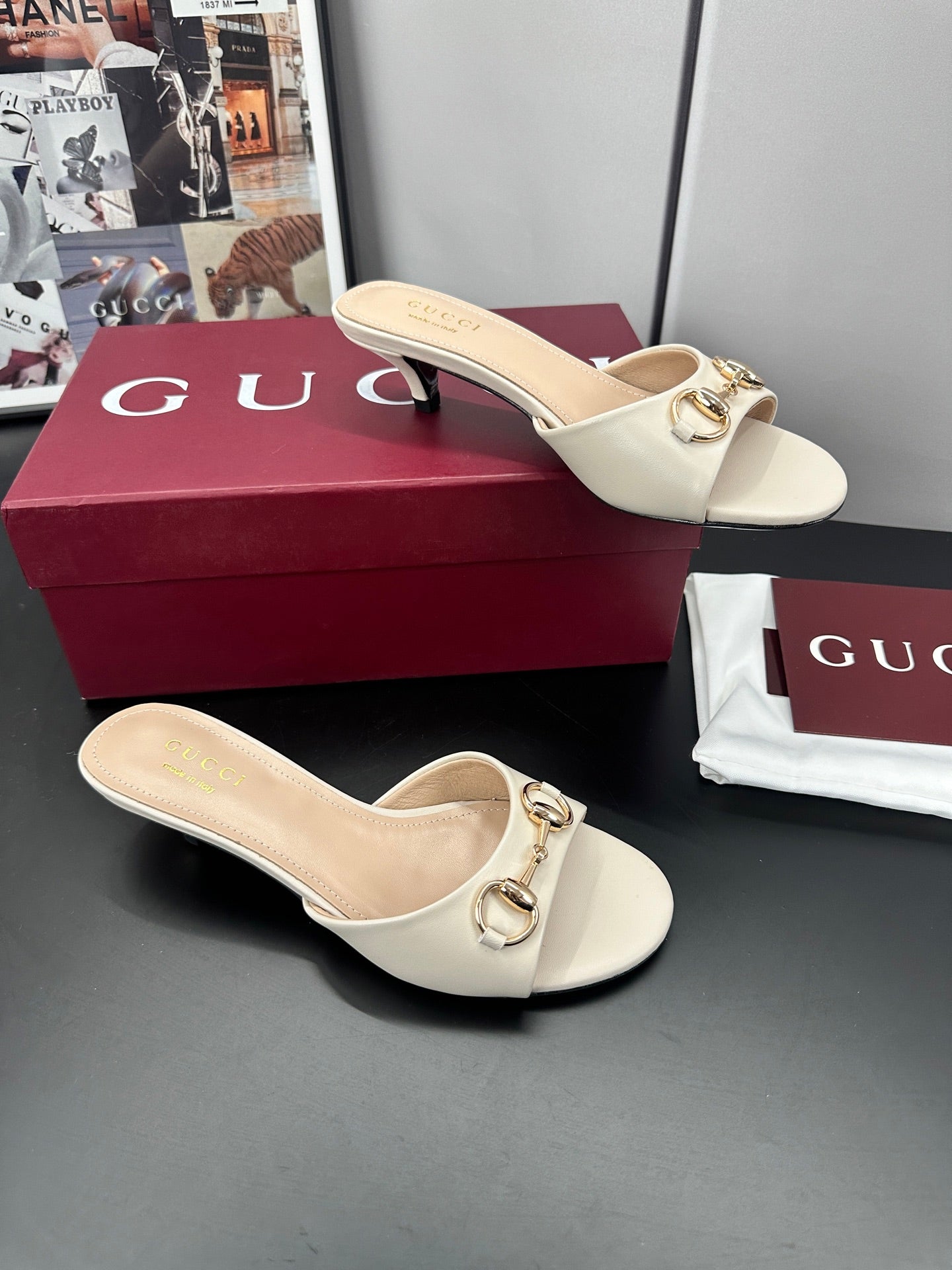 GUCCI 26S HIGH-HEELED SANDALS 50 MM IN CREAM WHITE CALFSKIN