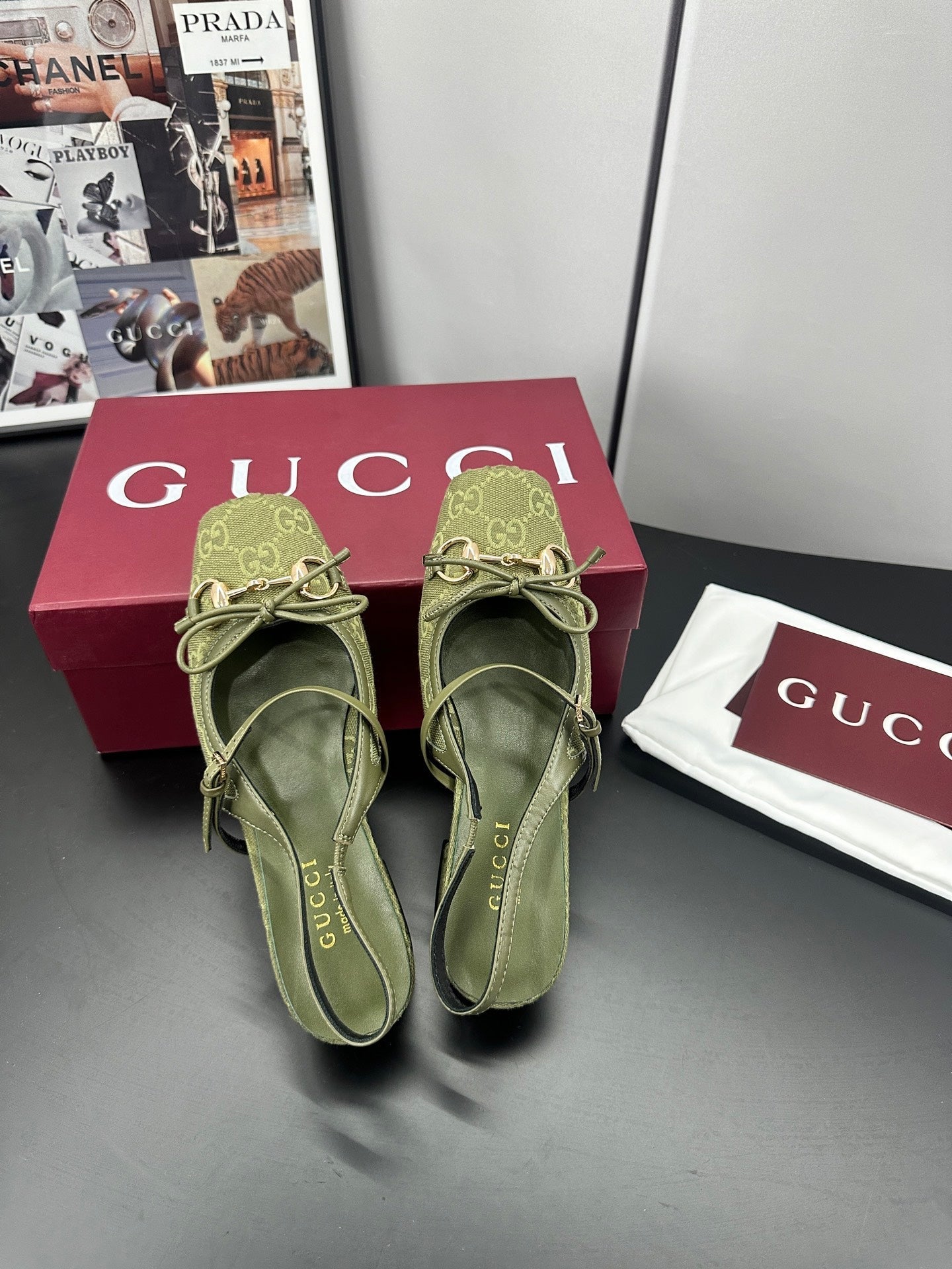 GUCCI 26S SLINGBACK 25 MM IN MOSS GREEN CANVAS