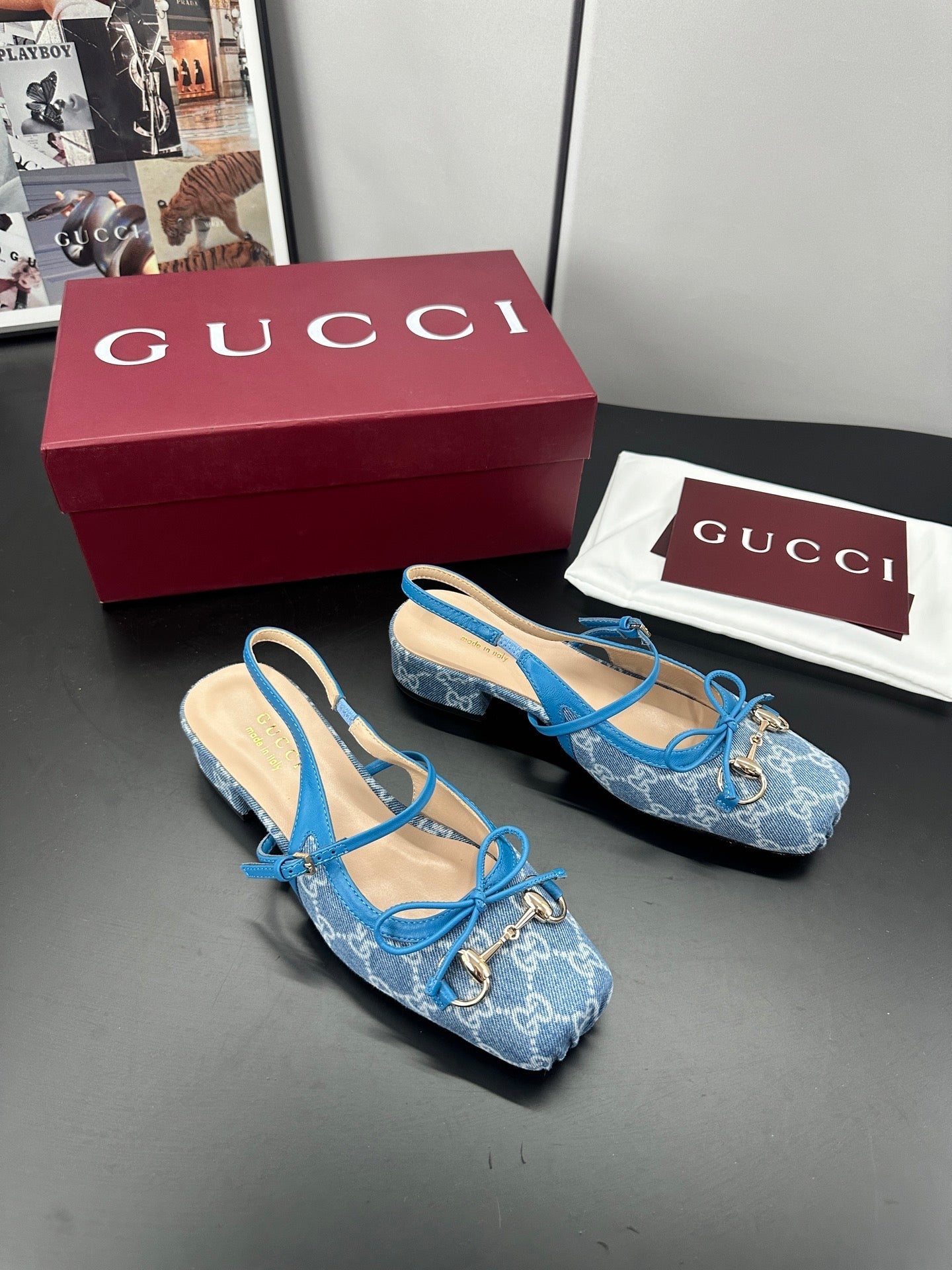 GUCCI 26S SLINGBACK 25 MM IN BLUE DENIM