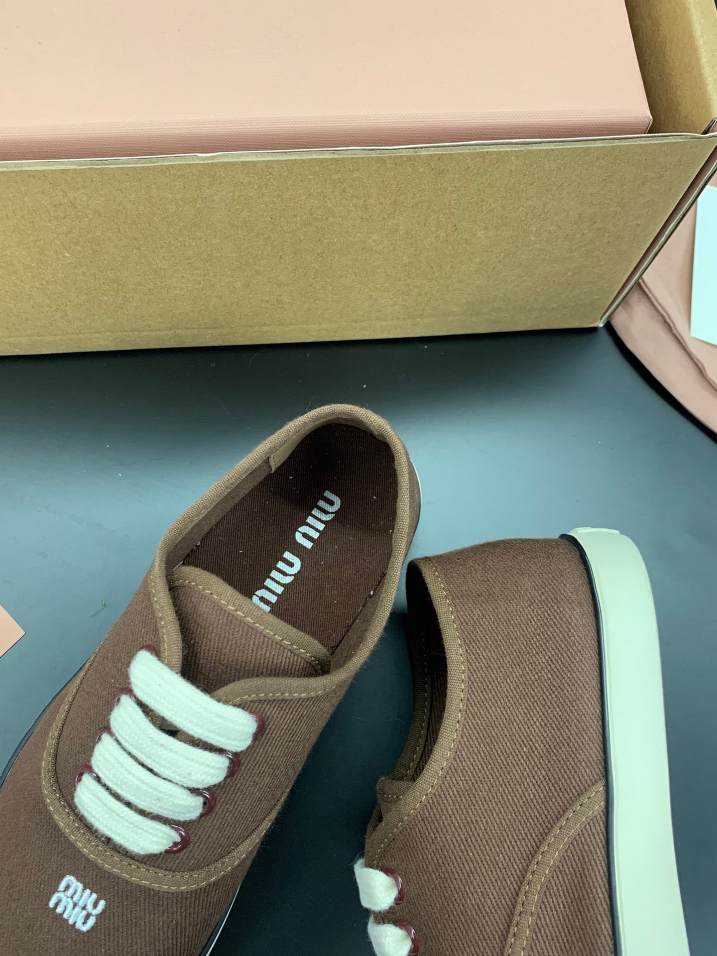 MIUMIU 26S LACE UP SNEAKERS IN DARK BROWN CANVAS RUBBER SOLE