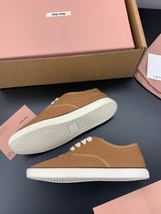 MIUMIU 26S LACE UP SNEAKERS IN CARAMEL BROWN CANVAS RUBBER SOLE