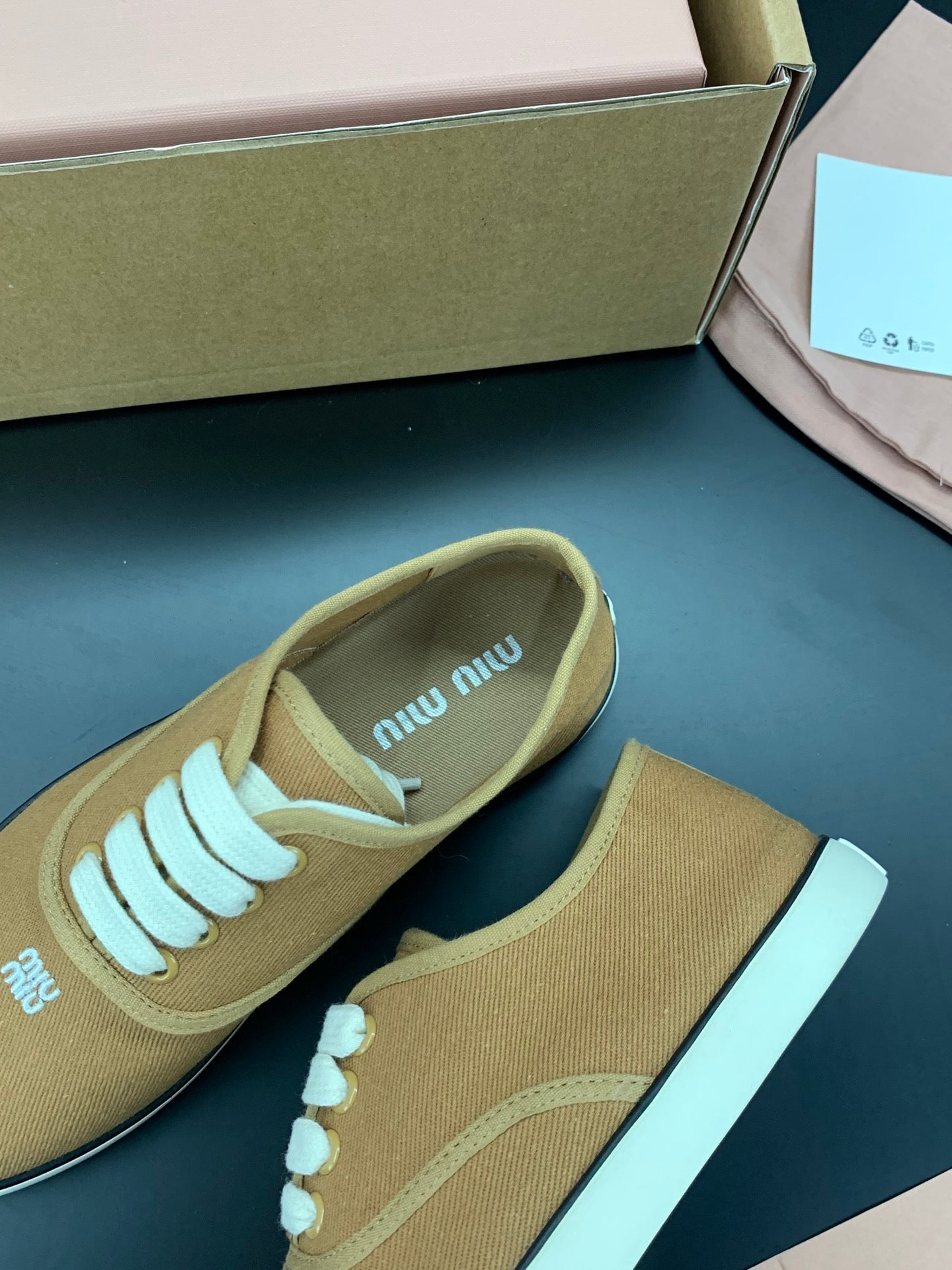 MIUMIU 26S LACE UP SNEAKERS IN CARAMEL BROWN CANVAS RUBBER SOLE