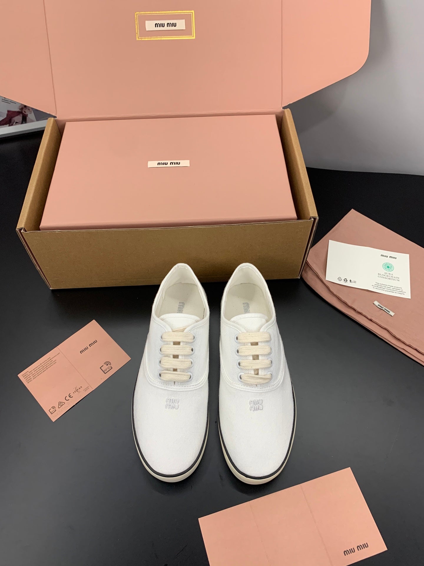 MIUMIU 26S LACE UP SNEAKERS IN WHITE CANVAS RUBBER SOLE