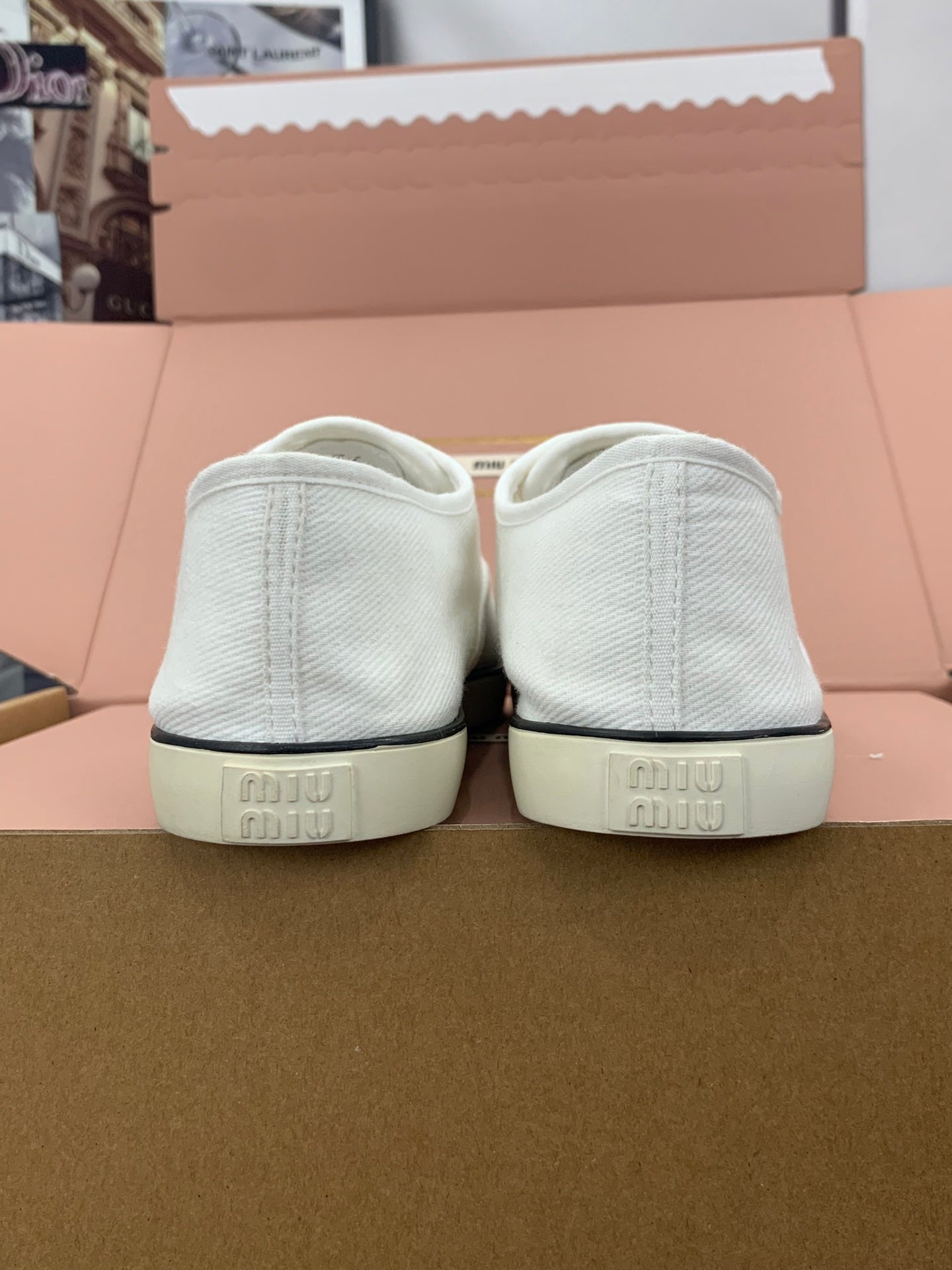 MIUMIU 26S LACE UP SNEAKERS IN WHITE CANVAS RUBBER SOLE