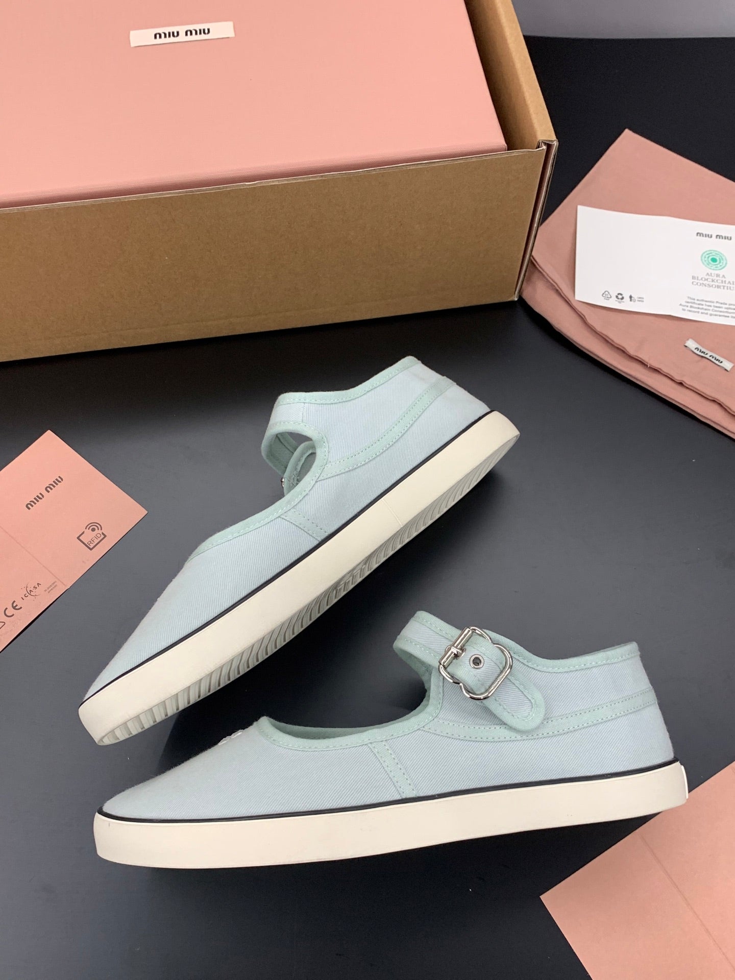 MIUMIU 26S MARY JANE FLATS IN PALE MINT CANVAS LOGO