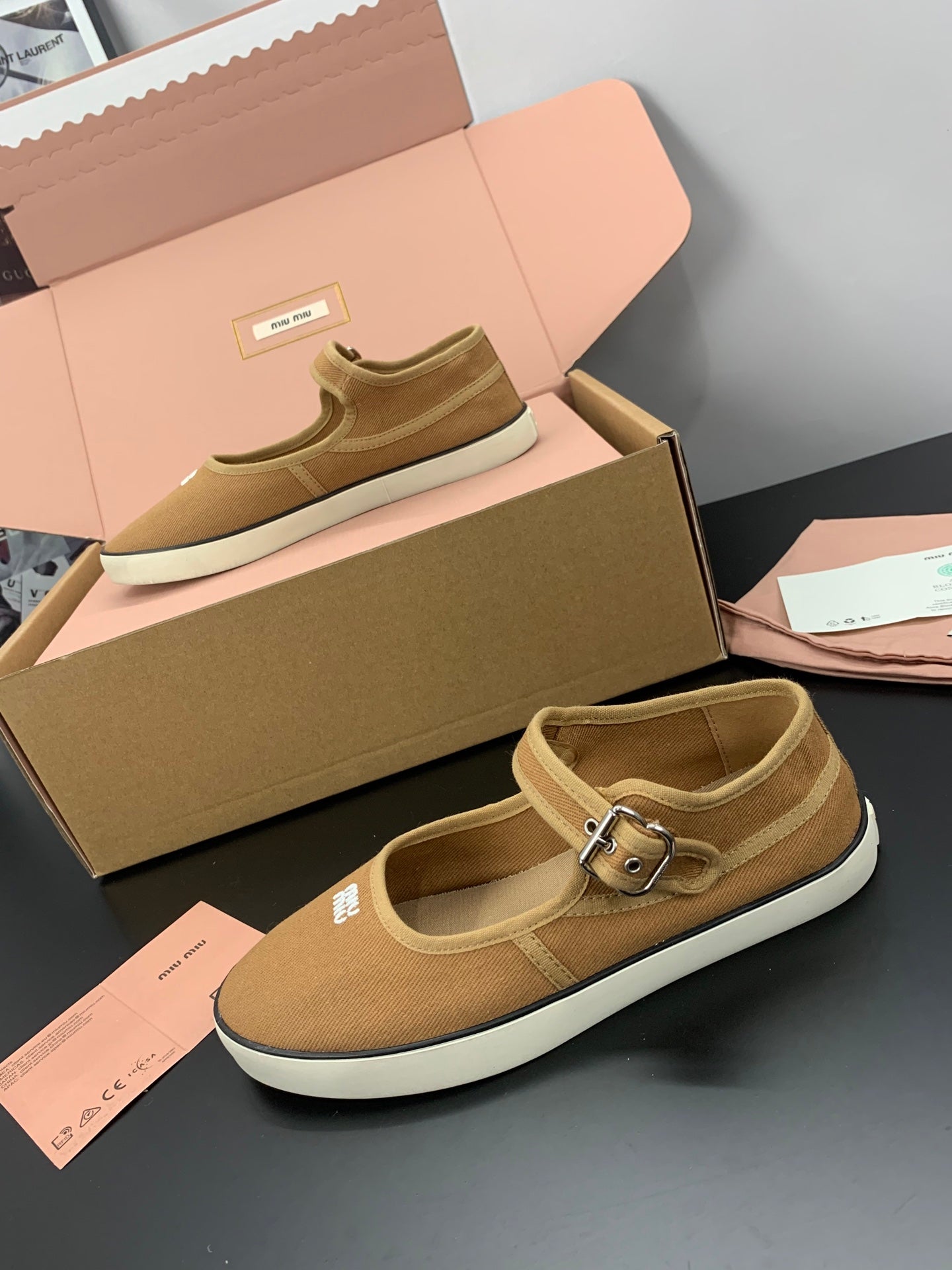 MIUMIU 26S MARY JANE FLATS IN CARAMEL BROWN CANVAS LOGO