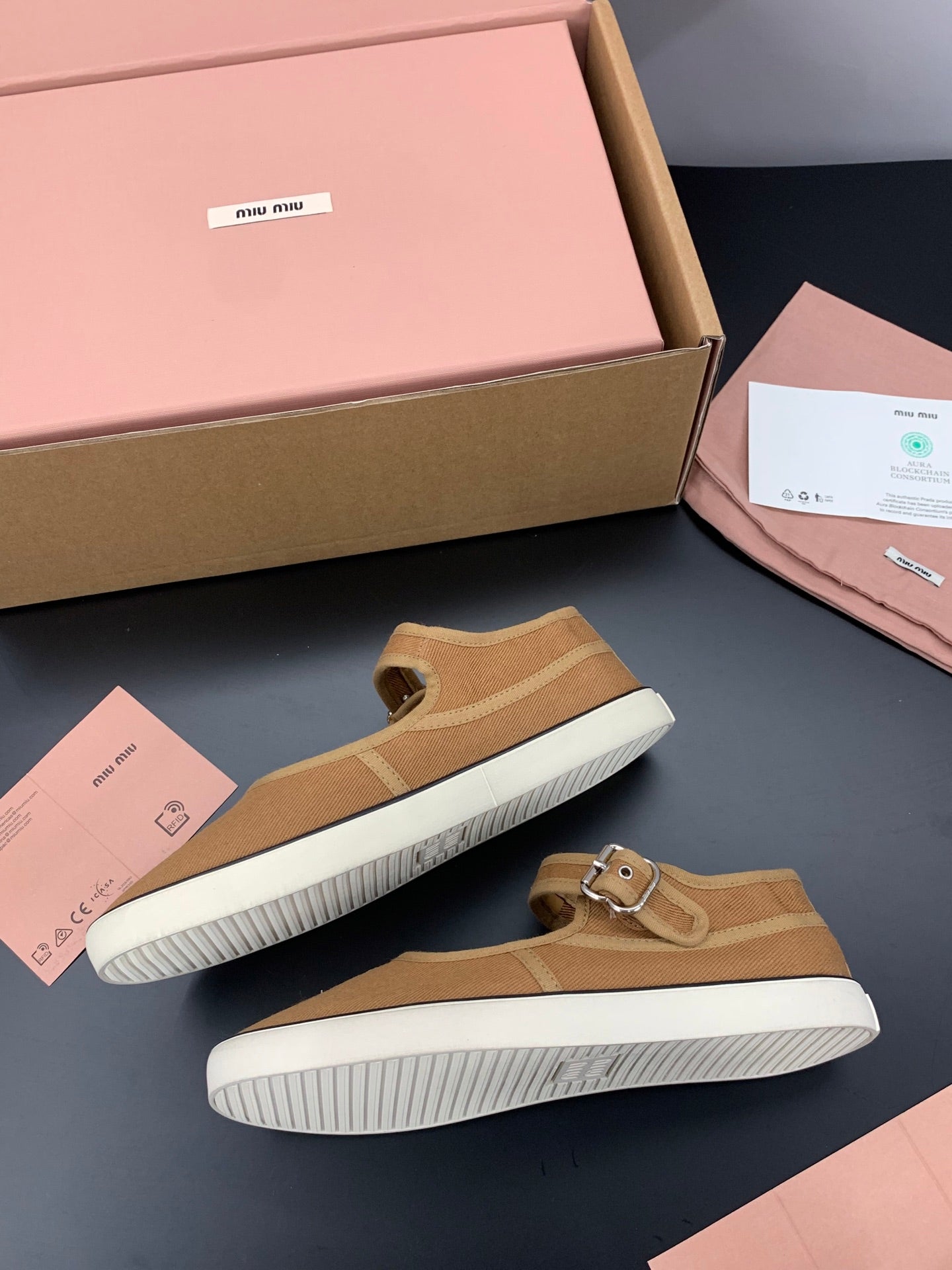 MIUMIU 26S MARY JANE FLATS IN CARAMEL BROWN CANVAS LOGO
