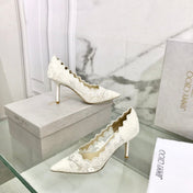 JIMMY CHOO 26S SCALLOPED LACE PUMP 85 MM IN WHITE FABRIC