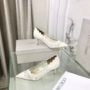 JIMMY CHOO 26S SCALLOPED LACE PUMP 65 MM IN WHITE FABRIC