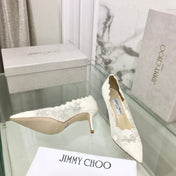 JIMMY CHOO 26S SCALLOPED LACE PUMP 65 MM IN WHITE FABRIC