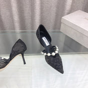 JIMMY CHOO 26S HIGH HEELS 65 MM IN BLACK LACE PEARL-EMBELLISHED