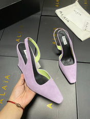 ALAIA 26S WEDGE SLINGBACKS 95 MM IN PASTEL PURPLE SUEDE