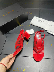 ALAIA 26S MESH THONG HEELS 55 MM IN RED SUEDE